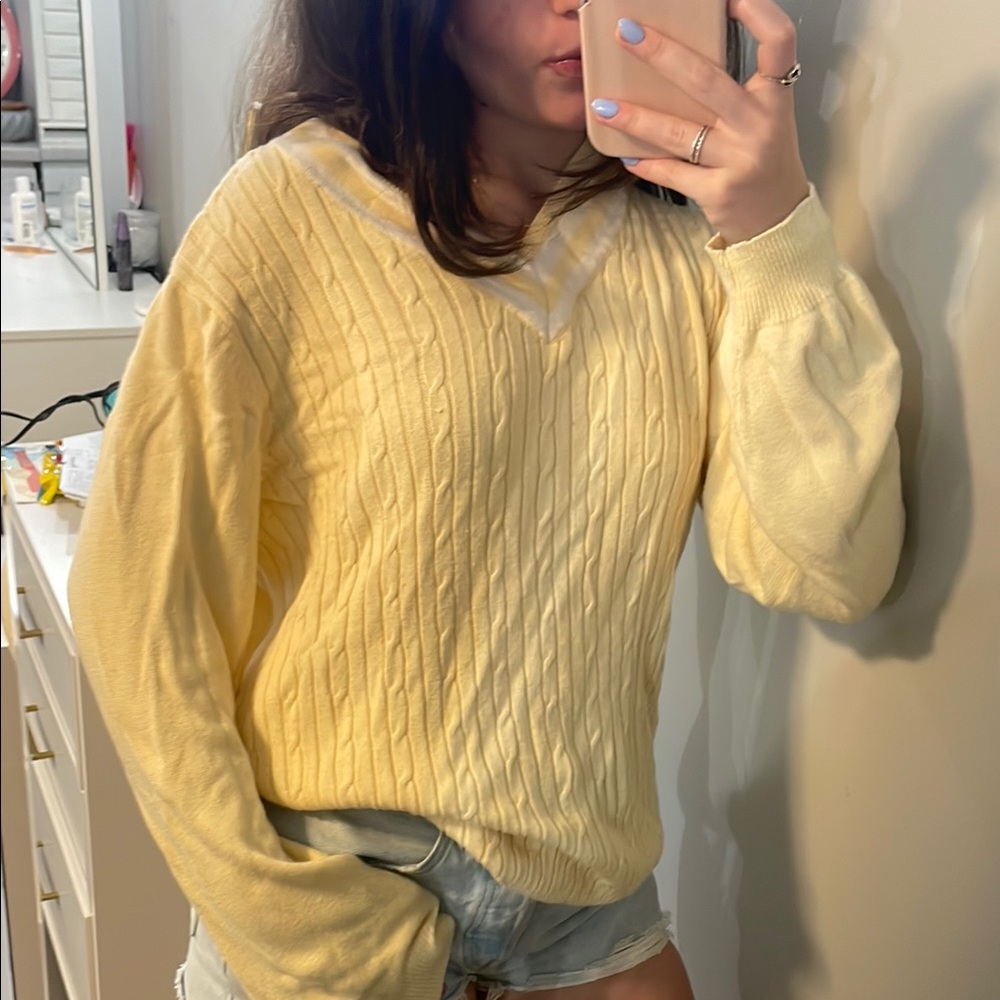 White Stag Yellow V-Neck Sweater with Cable Knit Design in size XL